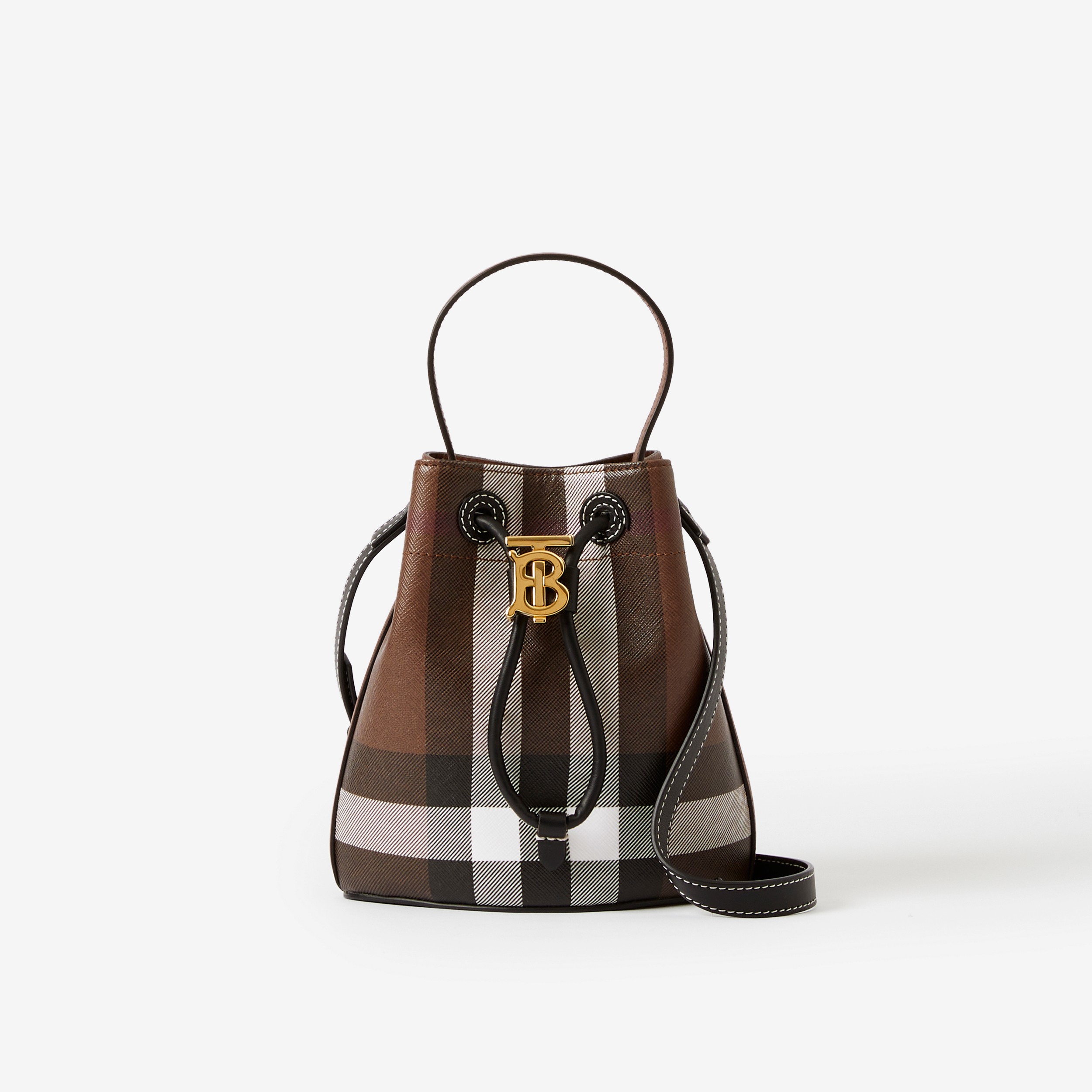 Check and Leather Mini TB Bucket Bag in Dark Birch Brown - Women | Burberry® Official - 1