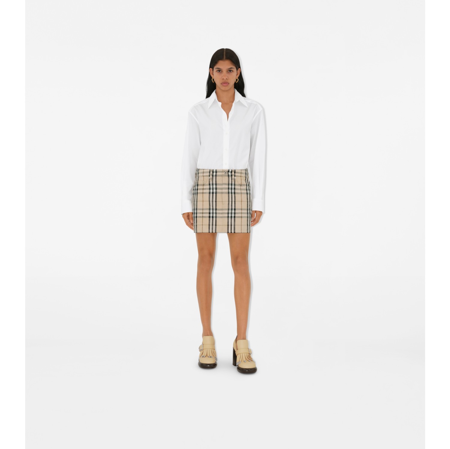 Check Denim Mini Skirt in Grain Women Cotton Burberry Official