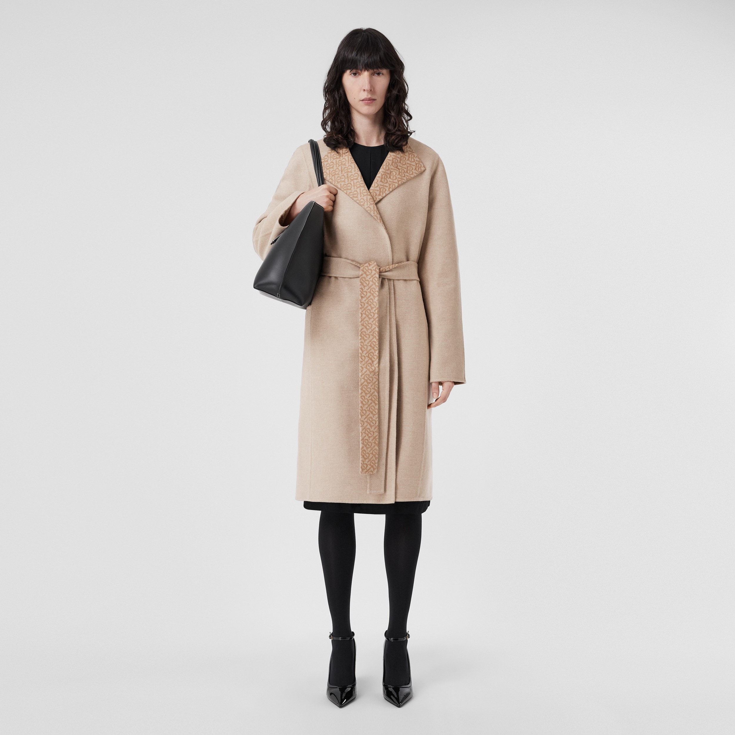 Monogram Detail Wool Cashmere Wrap Coat in Soft Fawn - Women | Burberry® Official - 1