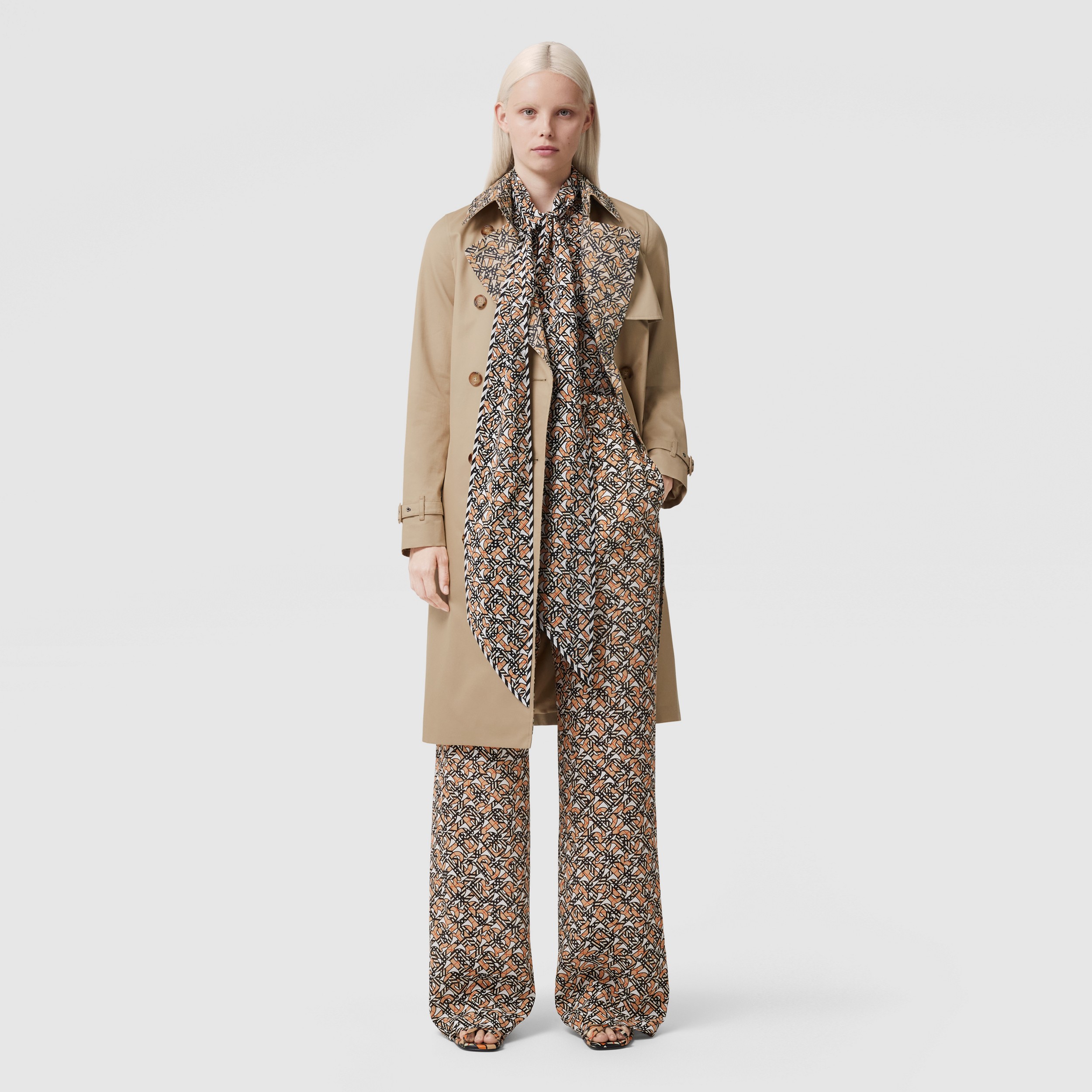 Monogram Print Detail Cotton Gabardine Trench Coat in Soft Fawn - Women | Burberry® Official - 1