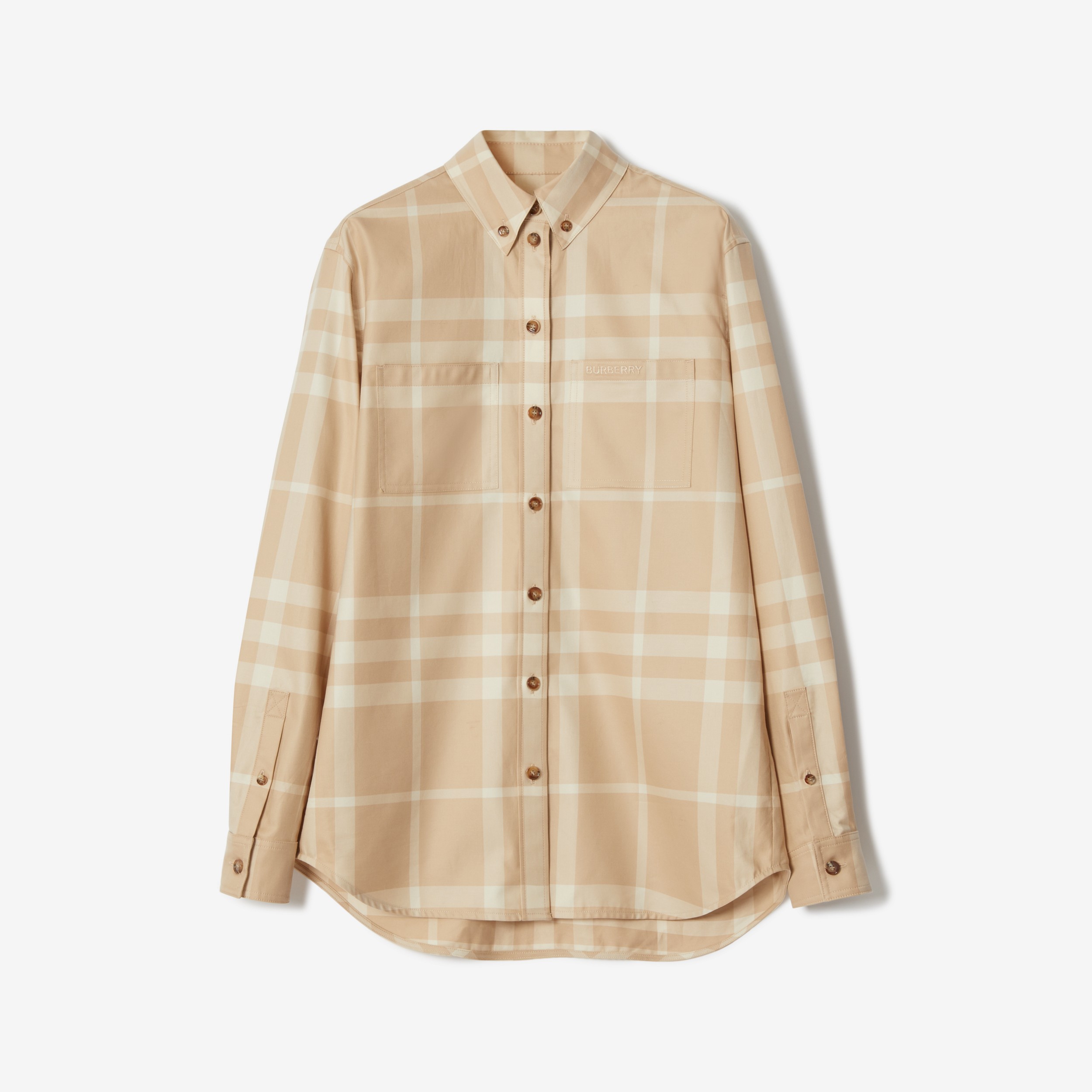 Camisa xadrez de algodão com colarinho abotoado (Fulvo Suave) - Mulheres | Burberry® oficial - 1