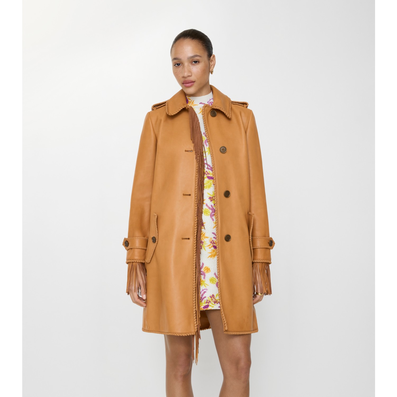 Short Fringed Leather Car Coat