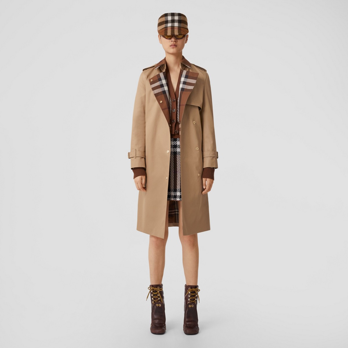 Burberry Check Panel Cotton Gabardine Trench Coat In Camel