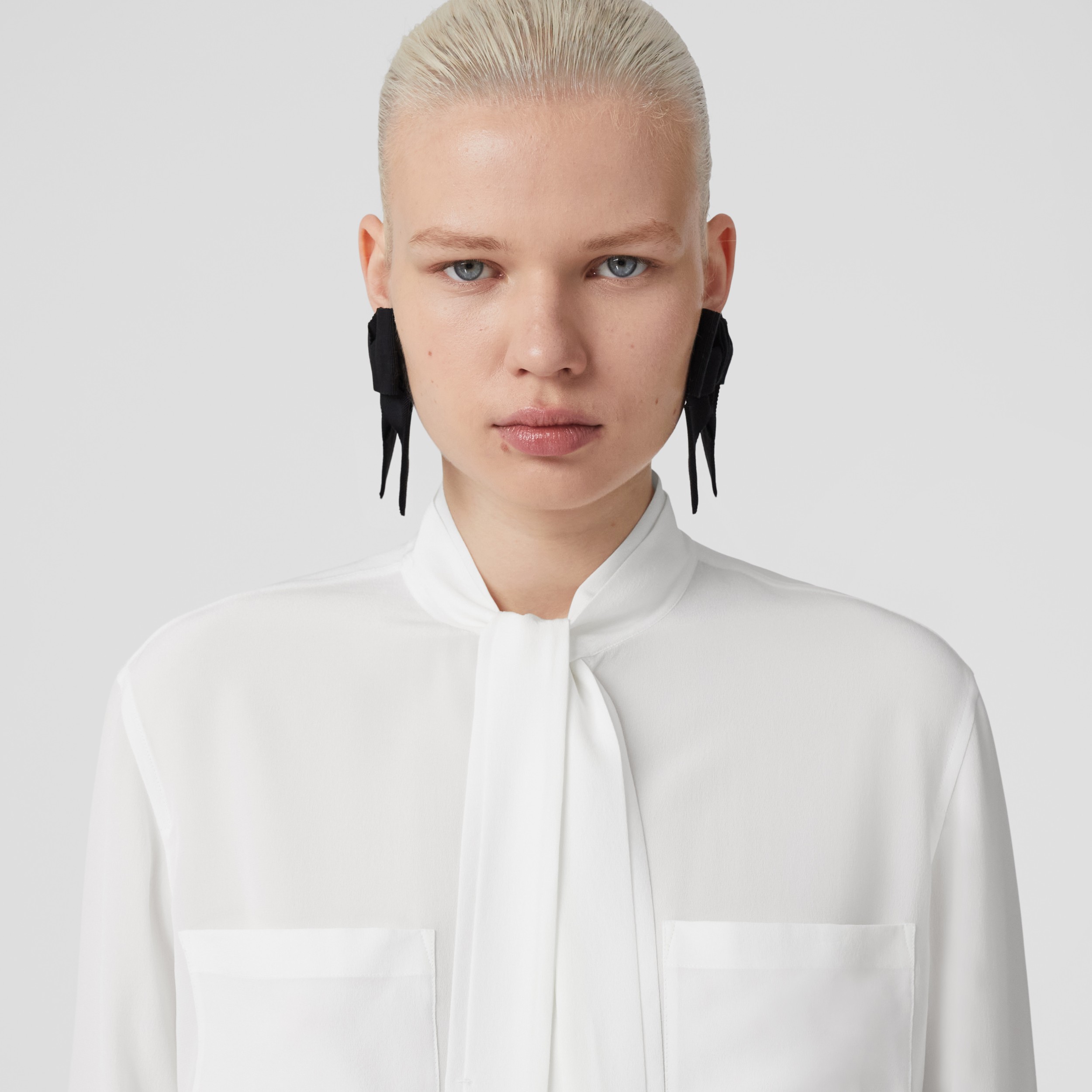 Silk Crepe de Chine Tie-neck Blouse in Optic White - Women | Burberry ...