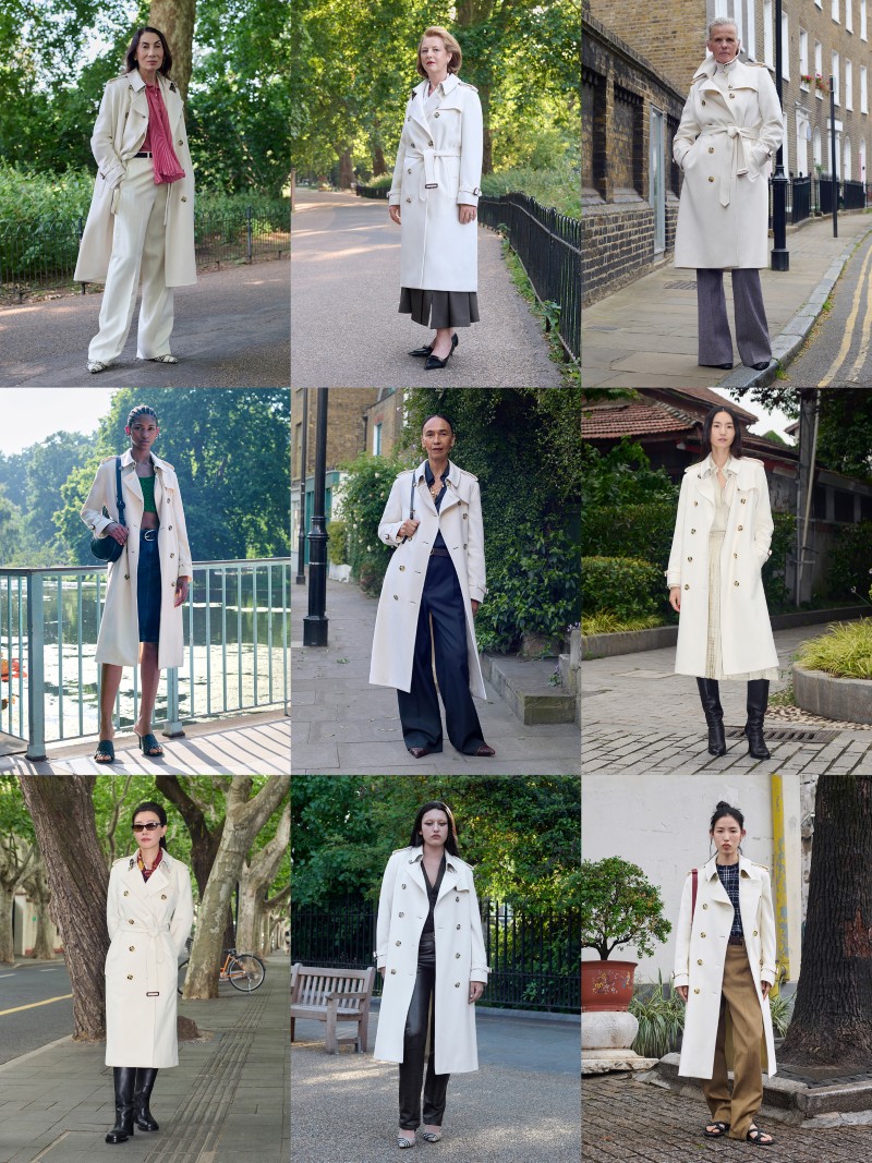 Grid of 9 Shots of a mixture of personalities & Burberry employees wearing the Cashmere Trench Coat