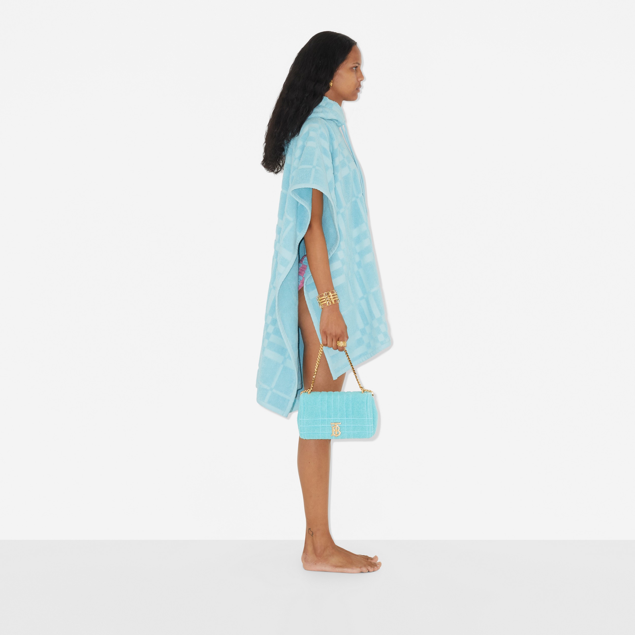 Check Cotton Jacquard Poncho in Bright Topaz Blue - Women | Burberry® Official - 3