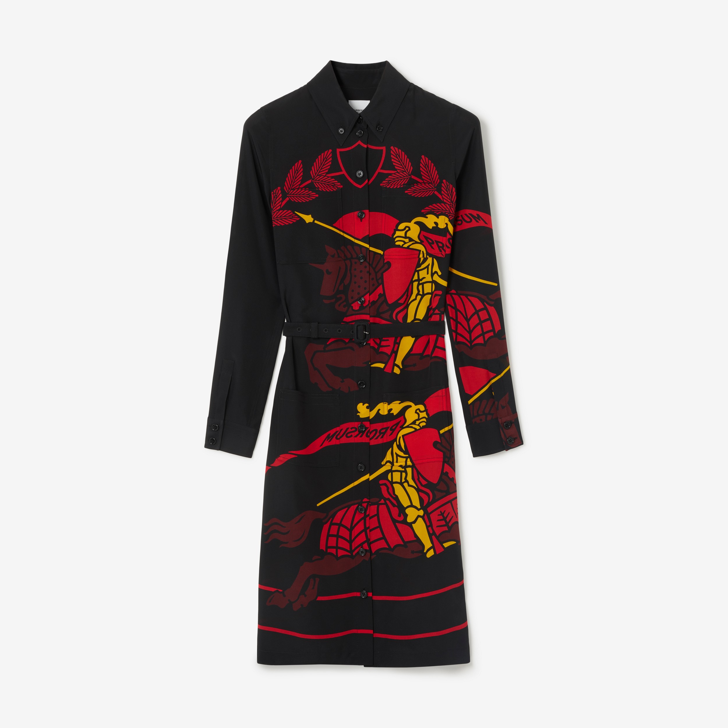 Robe chemise ceinturée en soie avec emblème du Cavalier (Rouge Vif) - Femme | Site officiel Burberry® - 1