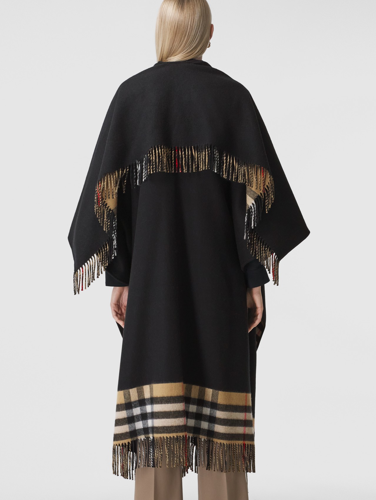 Reversible Check Wool Cashmere Cape in Black