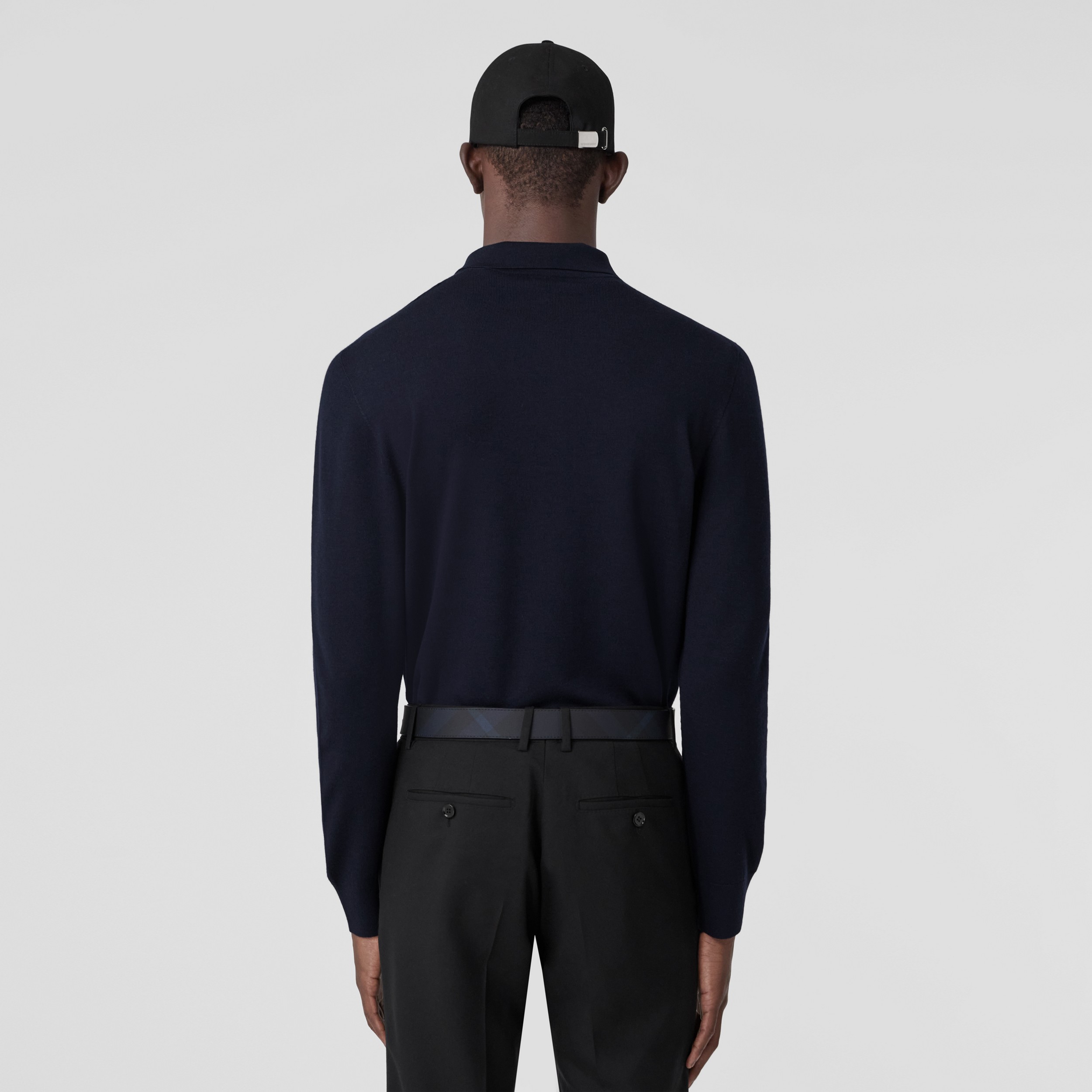 Long-sleeve Monogram Motif Wool Blend Polo Shirt in Dark Charcoal Blue - Men | Burberry® Official - 3