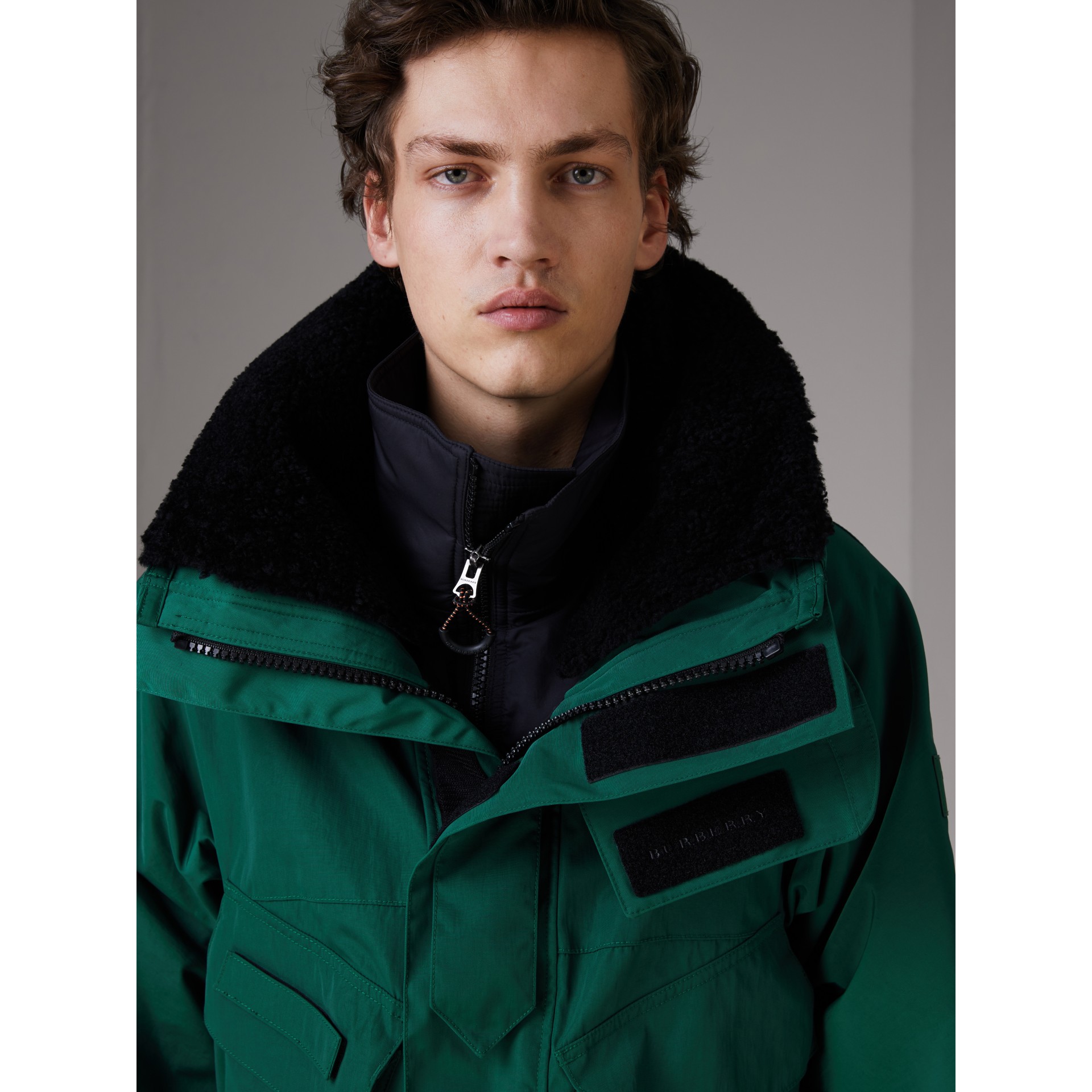 Detachable Shearling Collar Modular Jacket with Warmer in Sea Green