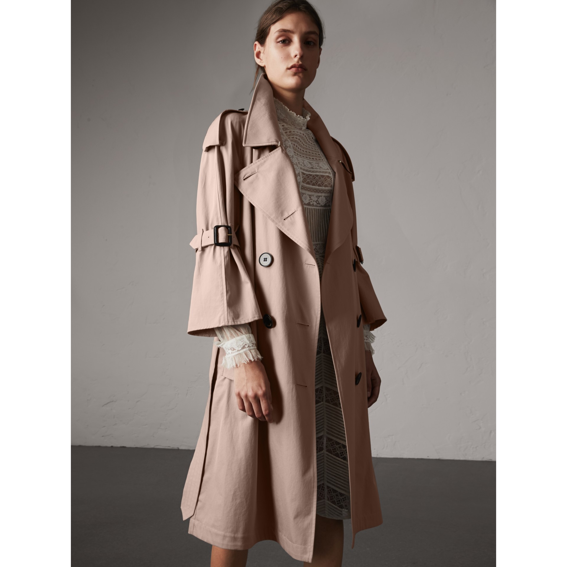 Flared Sleeve Tropical Gabardine Trench Coat in Antique Taupe Pink ...