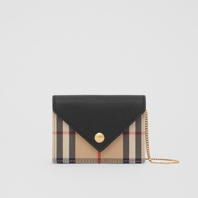 Vintage Check and Leather Card Case with Strap in Black - Women 