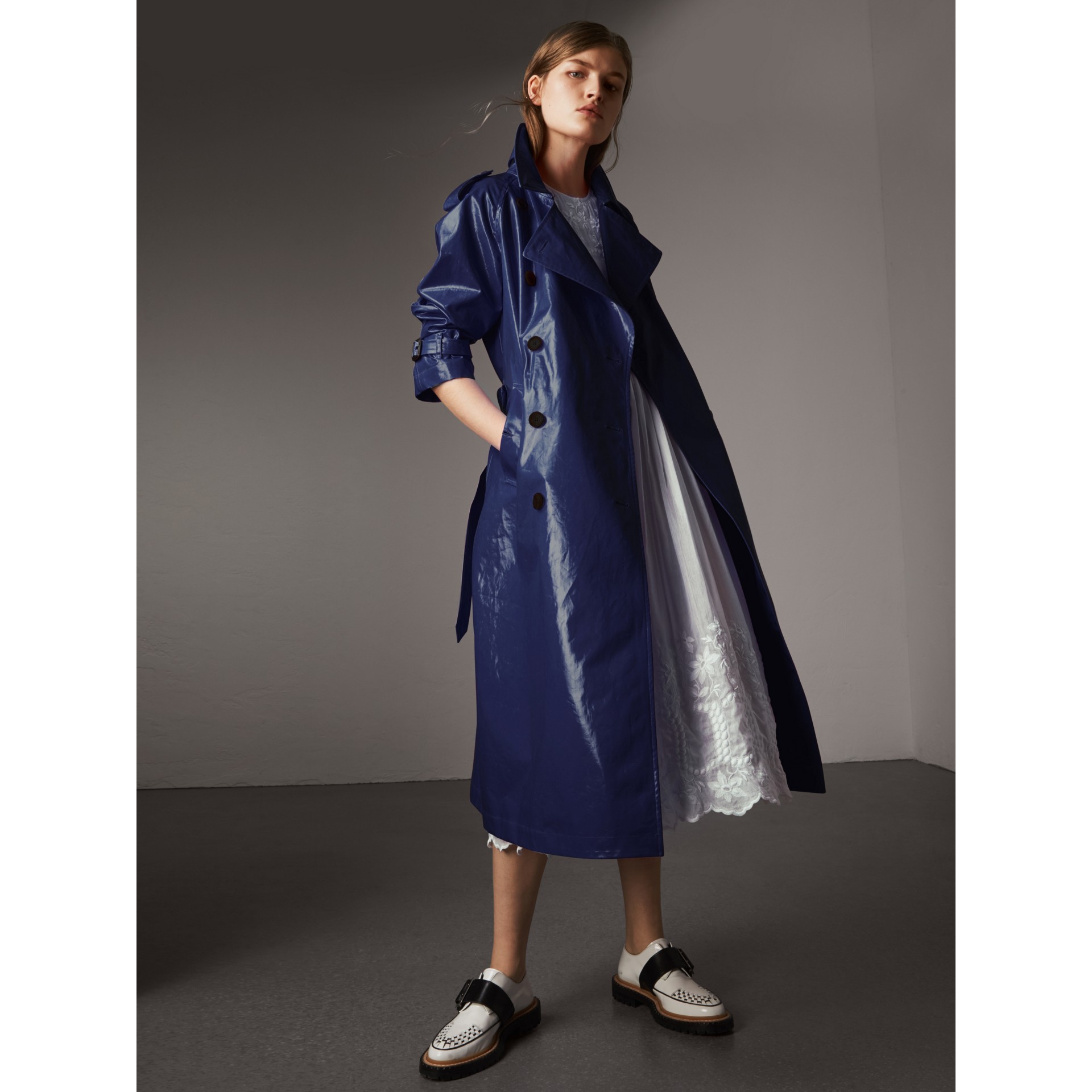 Laminated Cotton Trench Coat in Navy - Women | Burberry United States