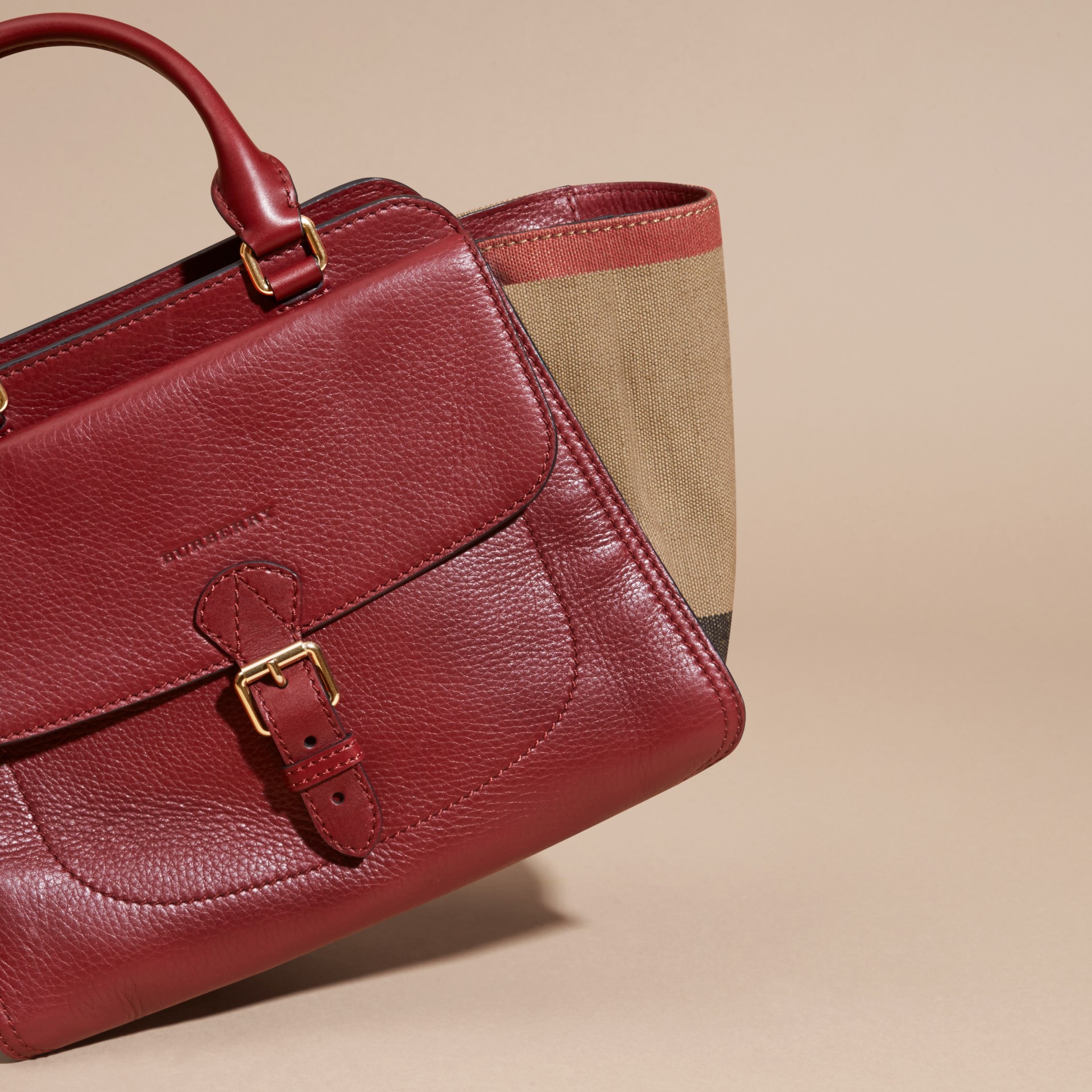 Medium Canvas Check and Leather Tote Bag Burgundy Red Burberry