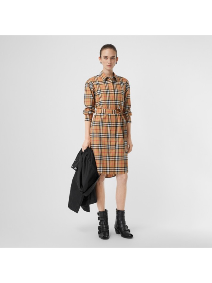 vintage 格纹棉质系腰衬衫式连衣裙 (古典黄色) - 女士 | burberry