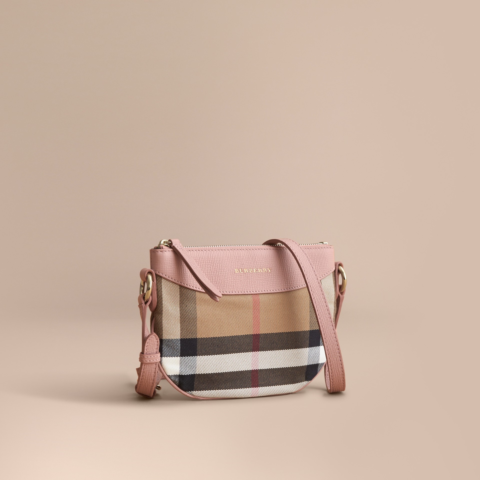 House Check and Leather Crossbody Bag in Pale Orchid Burberry United