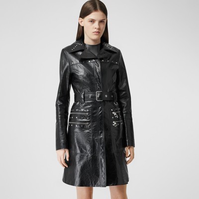 Studded Crinkled Leather Trench Coat in 