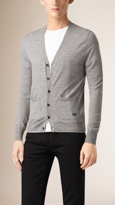 Mid grey melange V-Neck Merino Wool Cardigan - Image 1