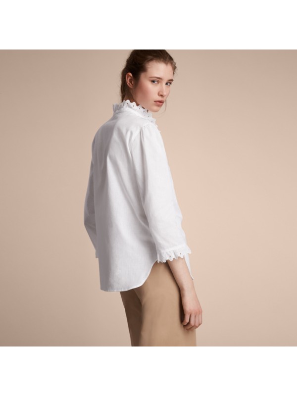 Broderie Anglaise Detail Linen Cotton Shirt in White - Women | Burberry ...