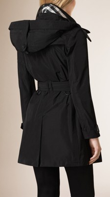 Black Taffeta Trench Coat with Detachable Hood - Image 3
