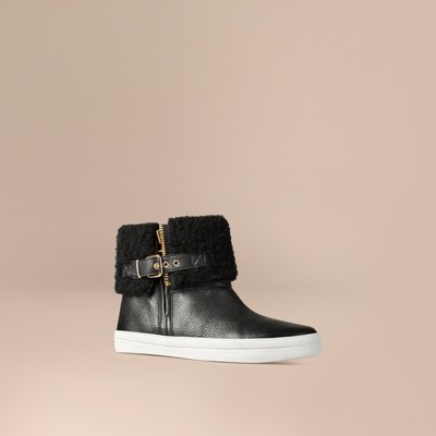 Shearling-lined Grainy Leather Ankle Boots In Black - Women | Burberry ...