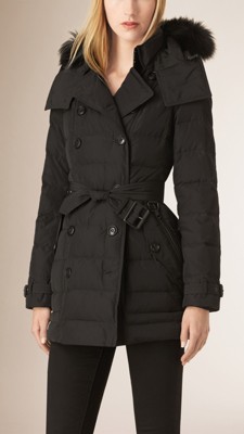 Black Down-filled Coat with Fox Fur Hood - Image 1