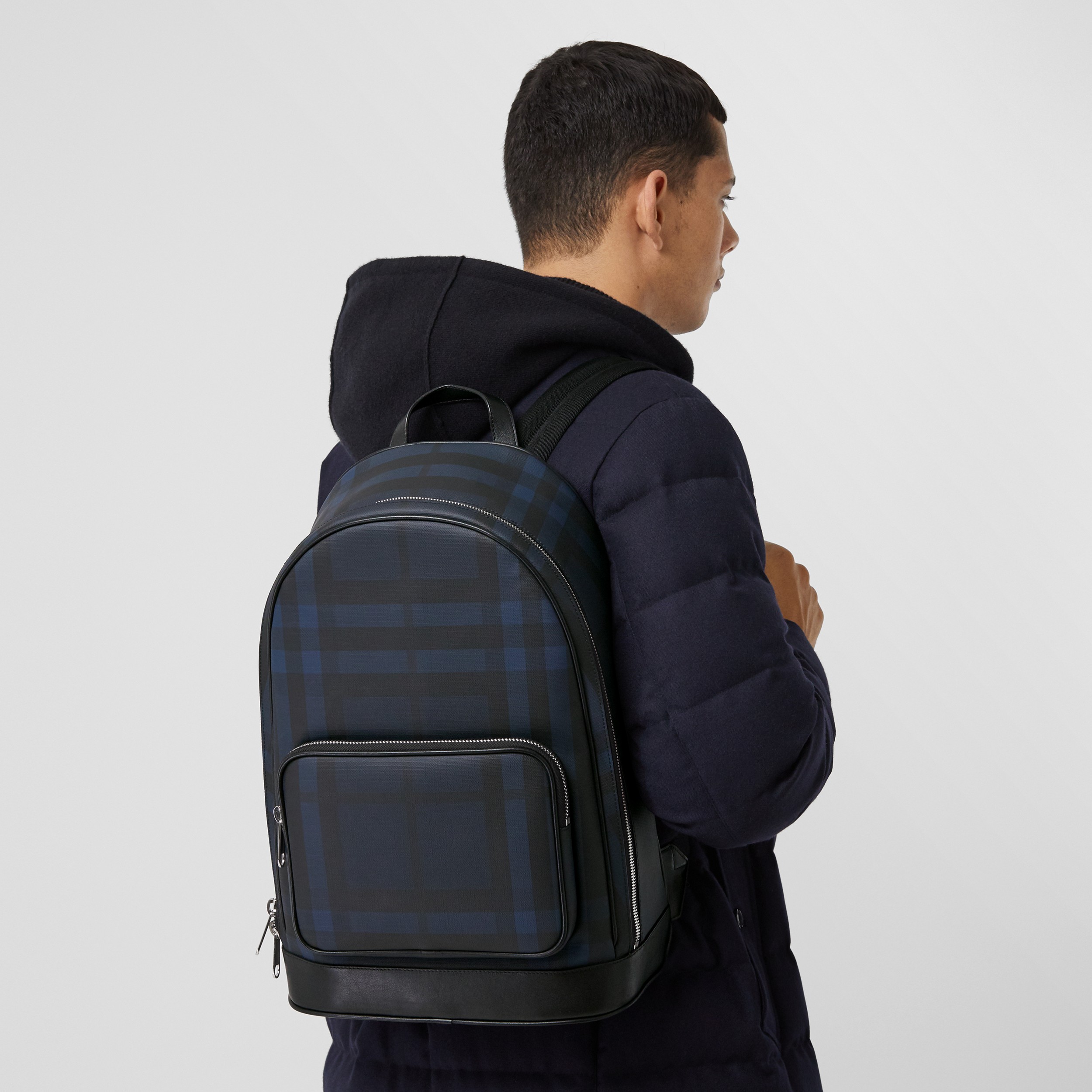 London Check and Leather Backpack in Navy | Burberry® Official