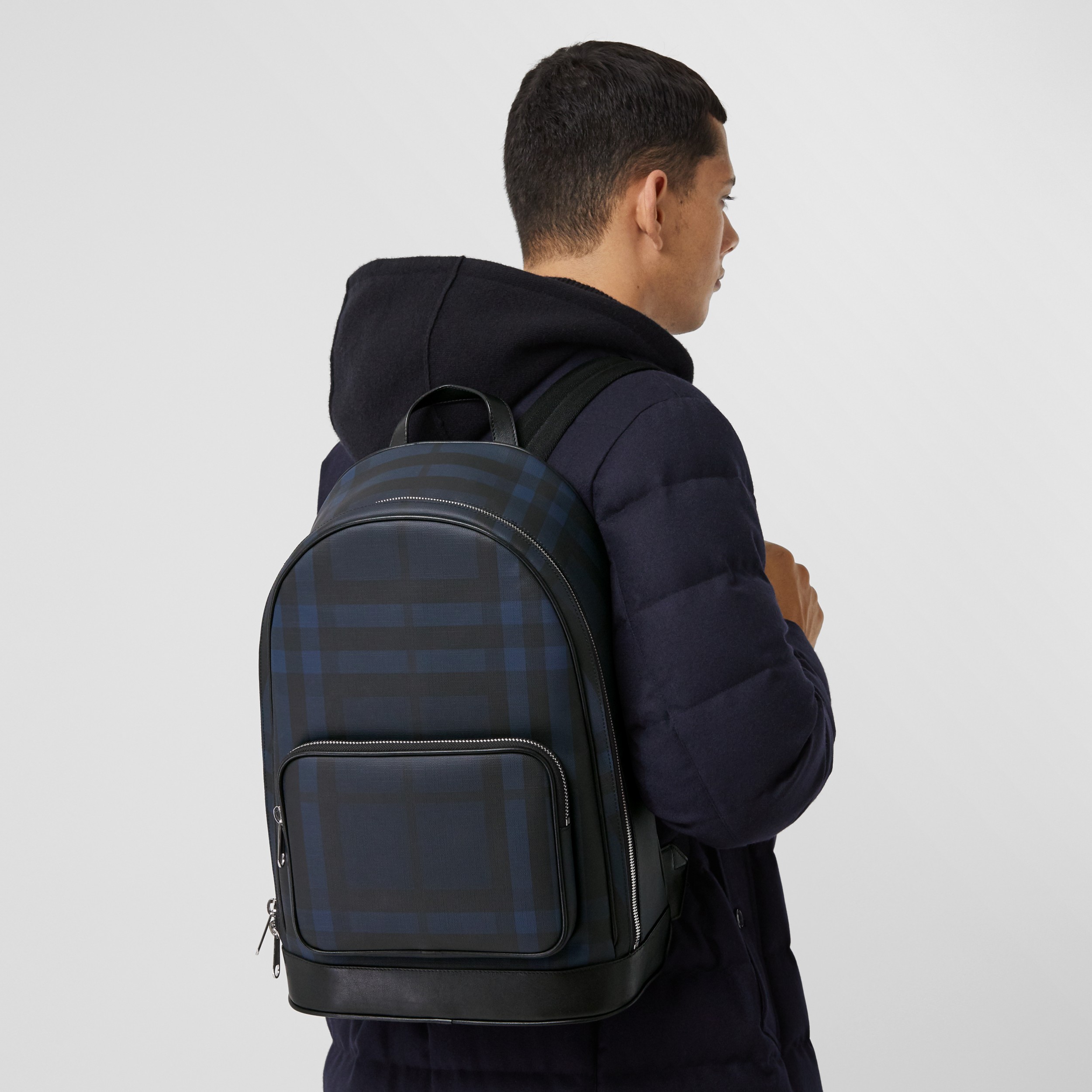 London Check and Leather Backpack in Navy Burberry® Official