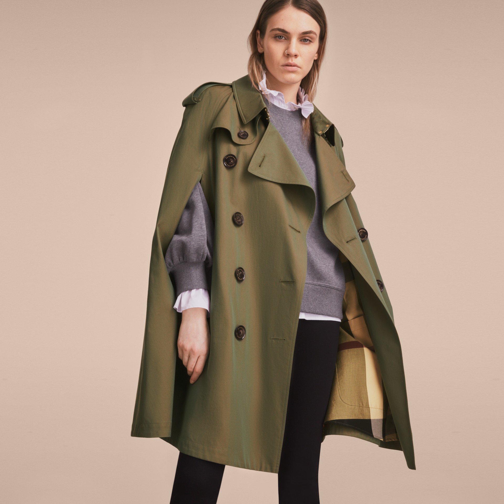 Tropical Gabardine Cape with Check Detail in Bright Olive - Women ...