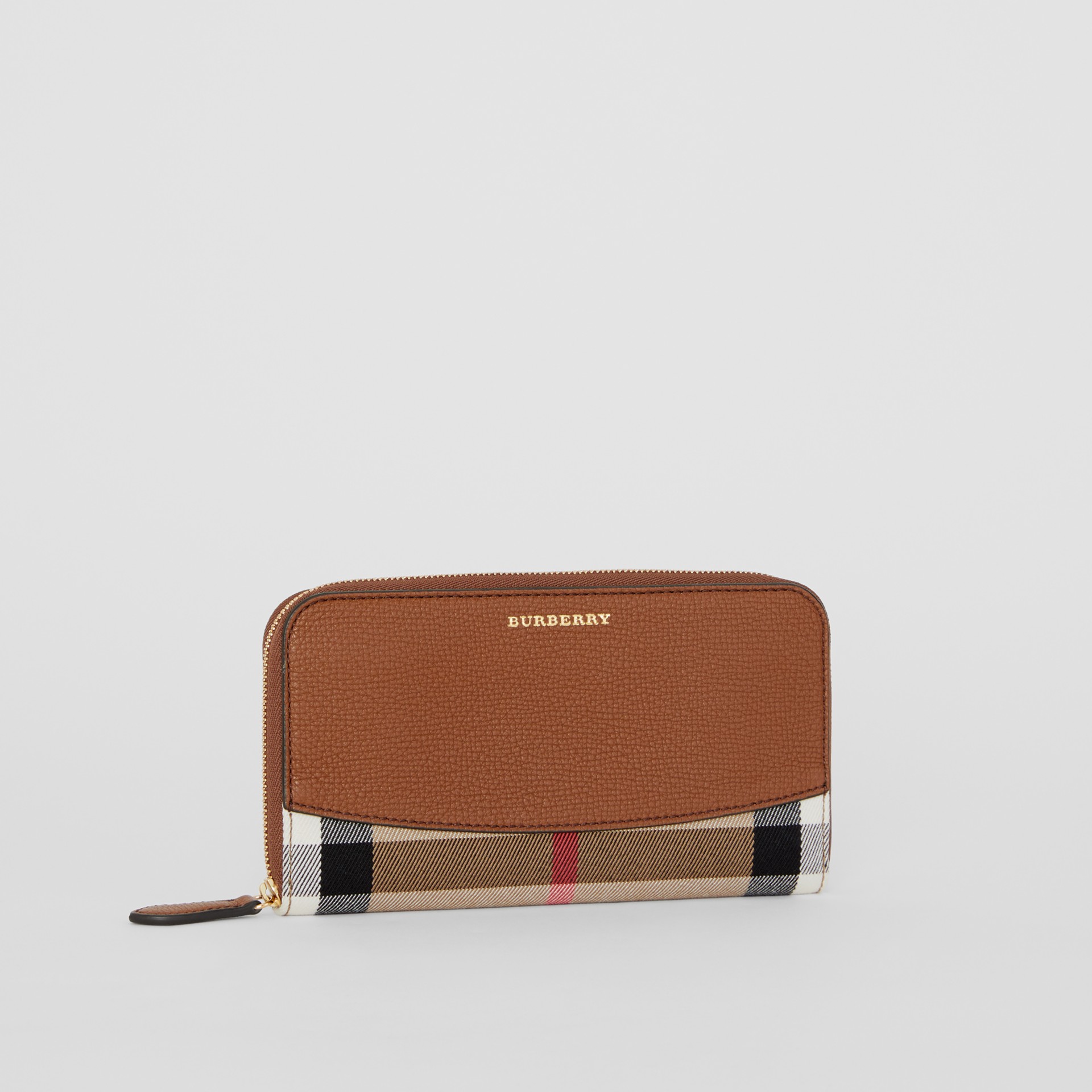 House Check and Leather Ziparound Wallet in Brown Ochre - Women ...