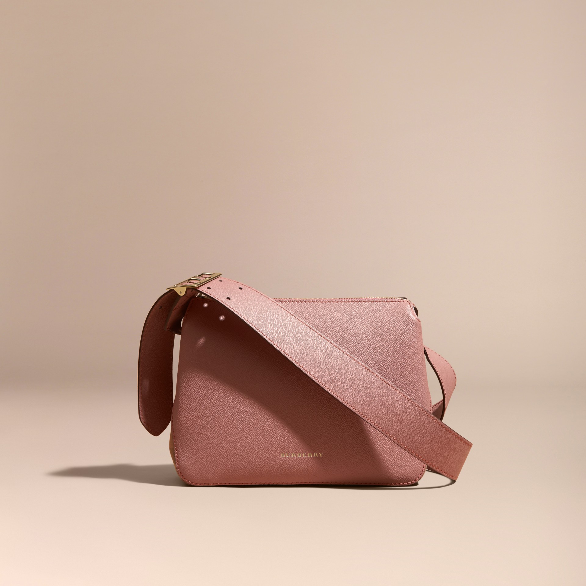 Buckle Detail Leather and House Check Crossbody Bag in Dusty Pink ...