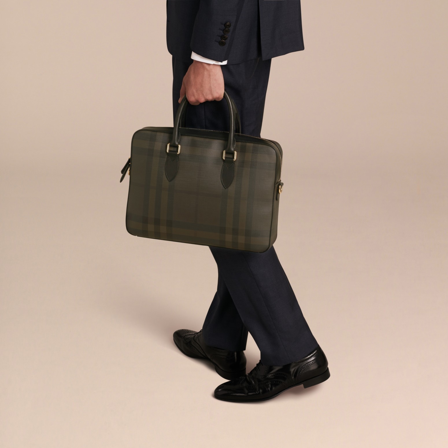 Medium Leather Trim London Check Briefcase Chocolate/black Burberry