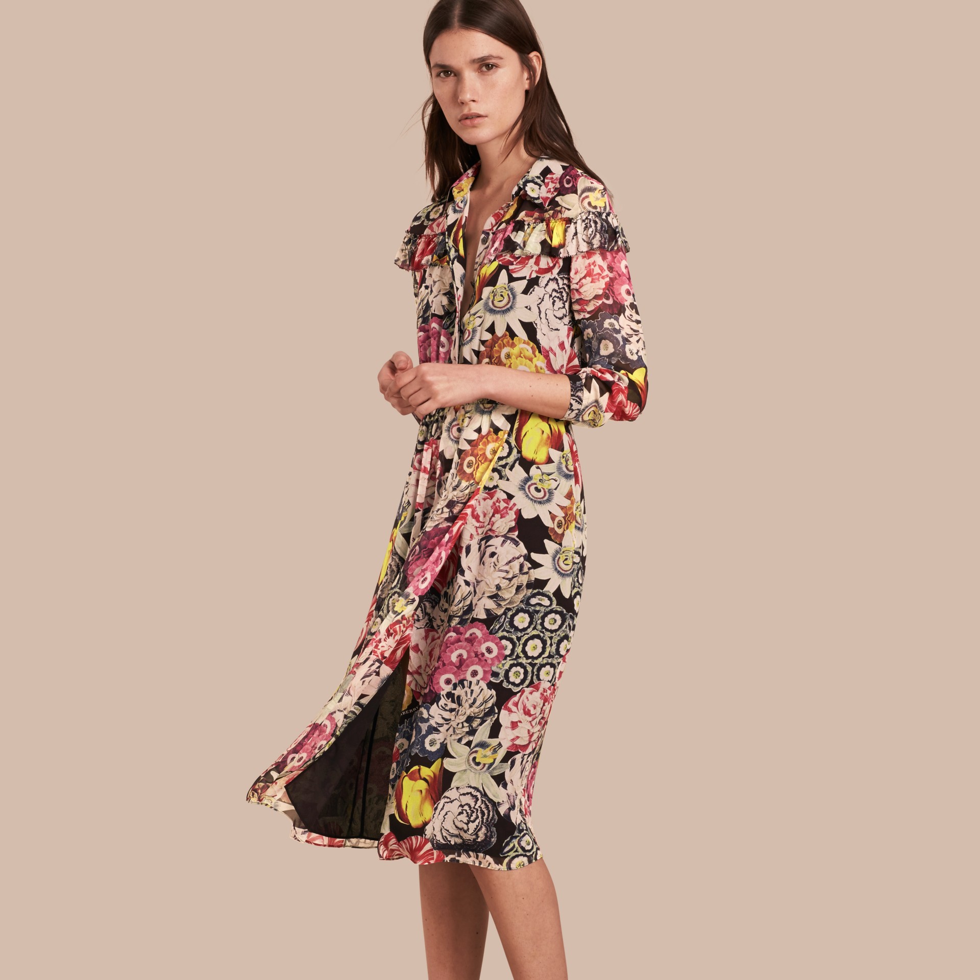 Painterly Floral Print Silk Georgette Frill Detail Dress in Black ...