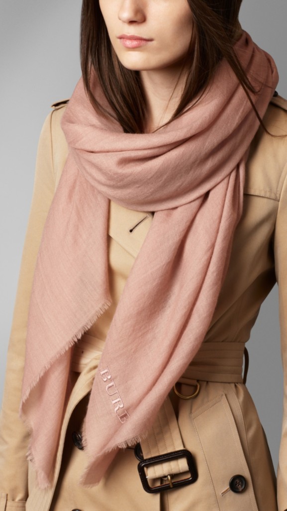 Embroidered Lightweight Cashmere Scarf in Nude Blush ...