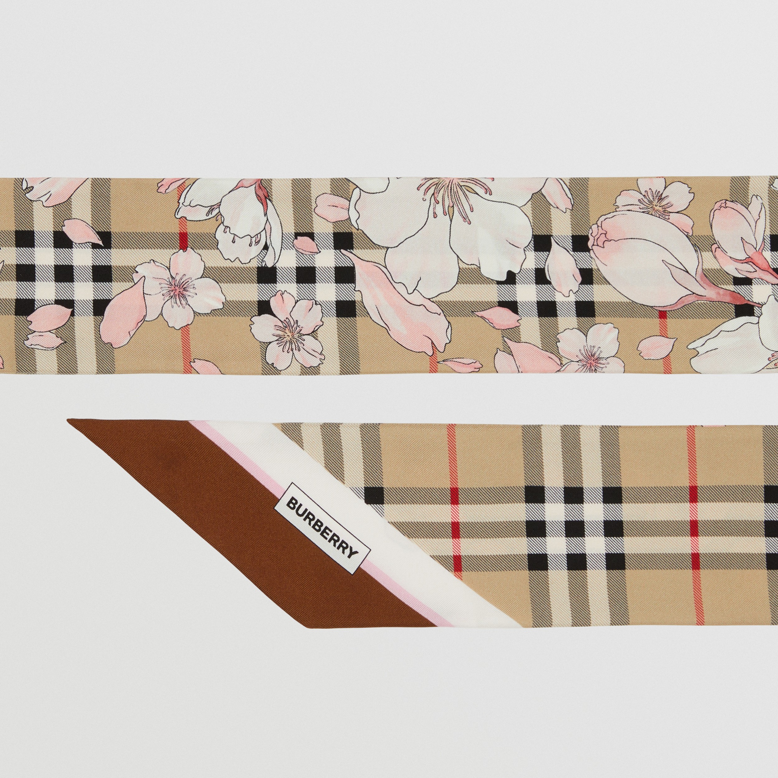 Floral Check Print Silk Skinny Scarf in Archive Beige | Burberry® Official - 2