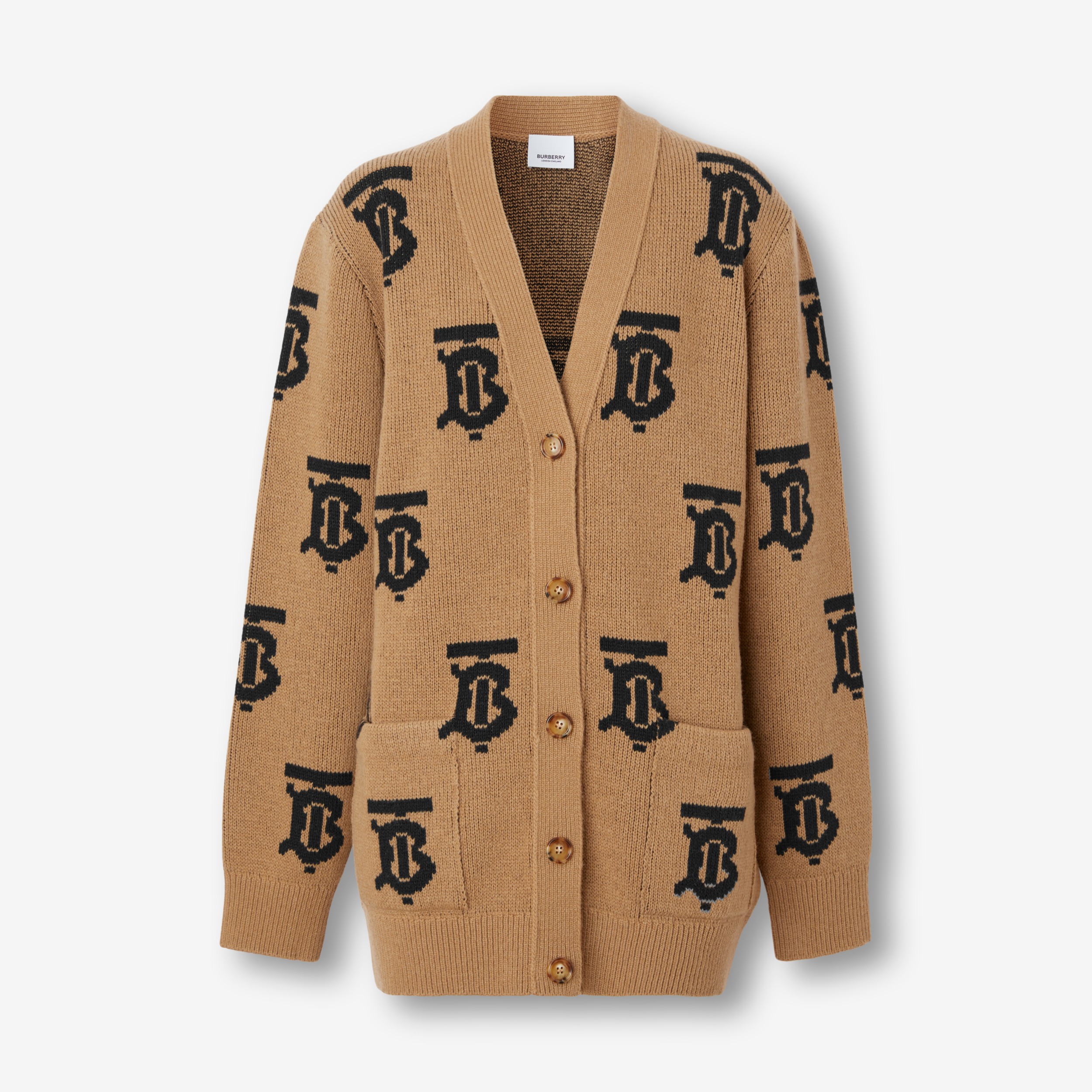 Monogram Motif Wool Jacquard Cardigan in Camel - Burberry