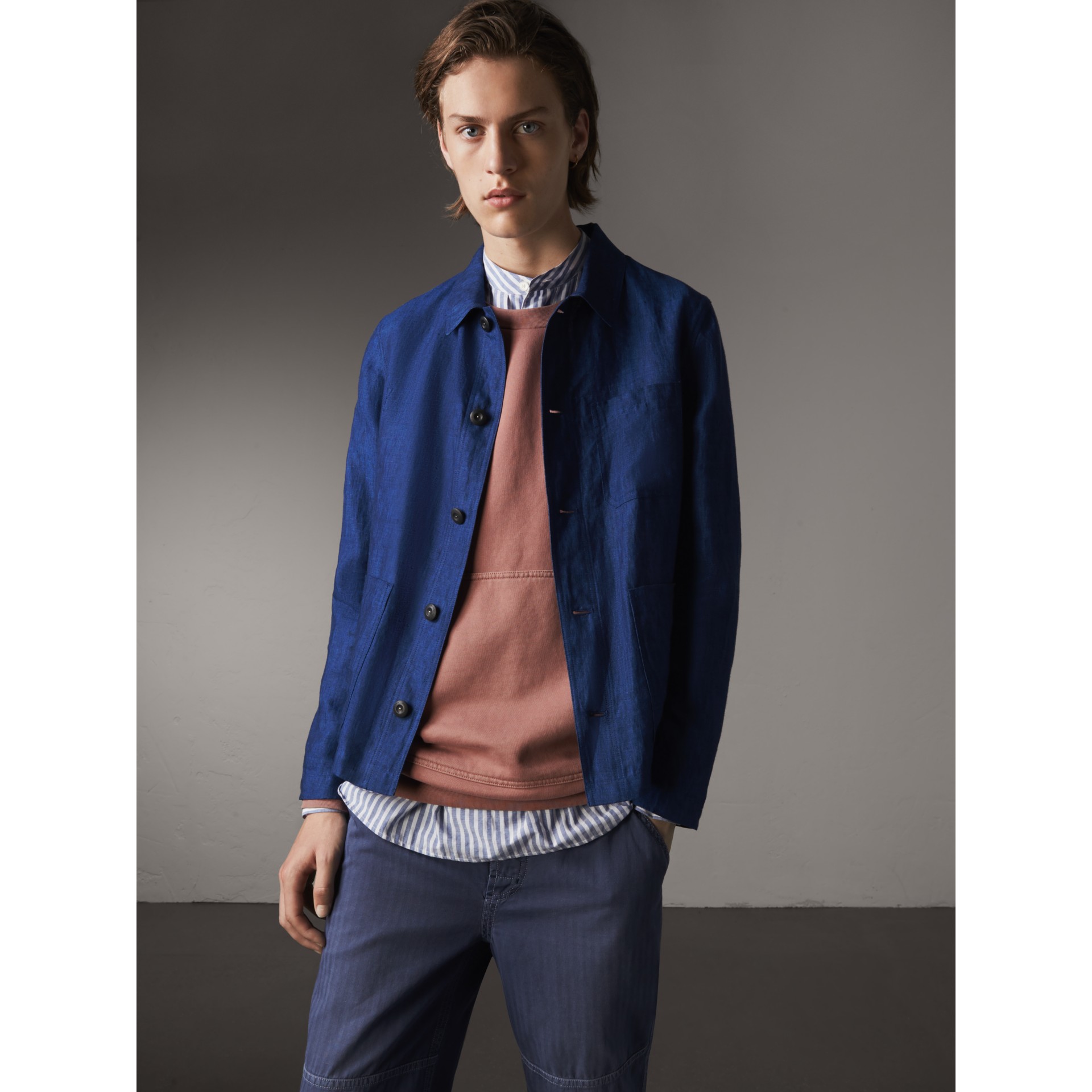 Linen Workwear Jacket in Steel Blue - Men | Burberry United States