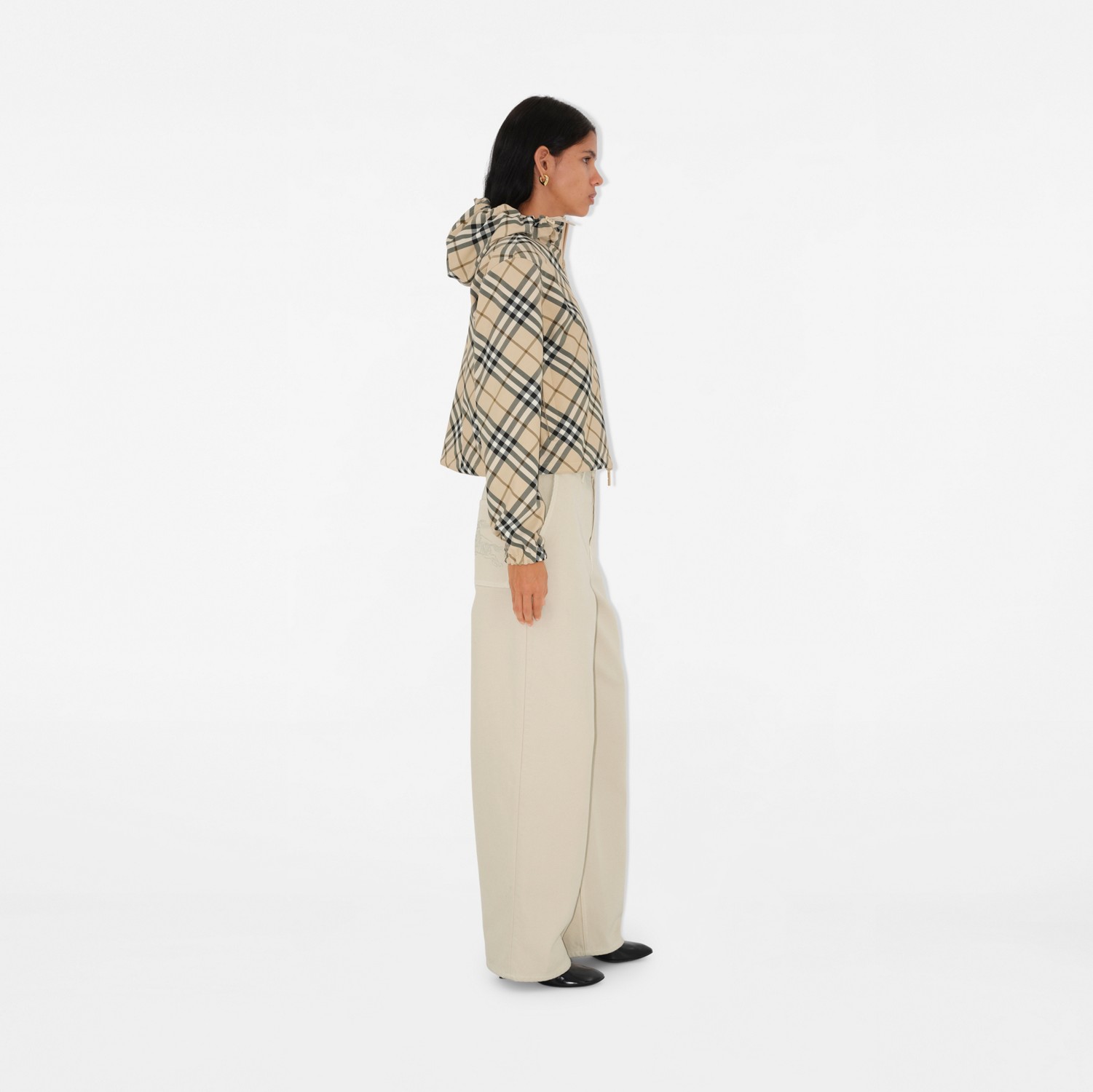Cropped Reversible Check Jacket in Ecru - Women, Nylon Cropped Reversible Check Jacket in Ecru - Women, Nylon