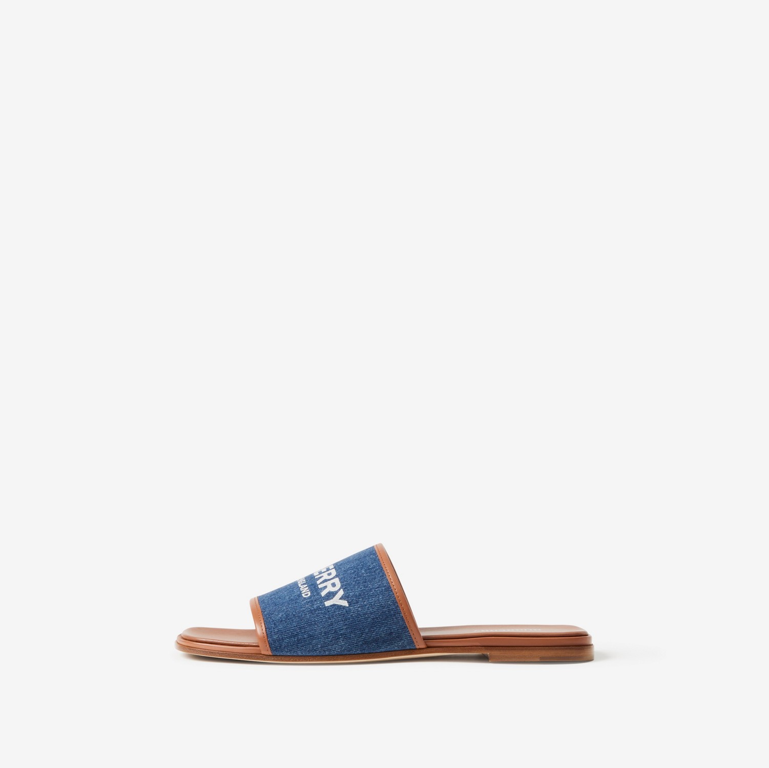 Label Print Denim and Leather Slides in Tan/denim - Women | Burberry® Official