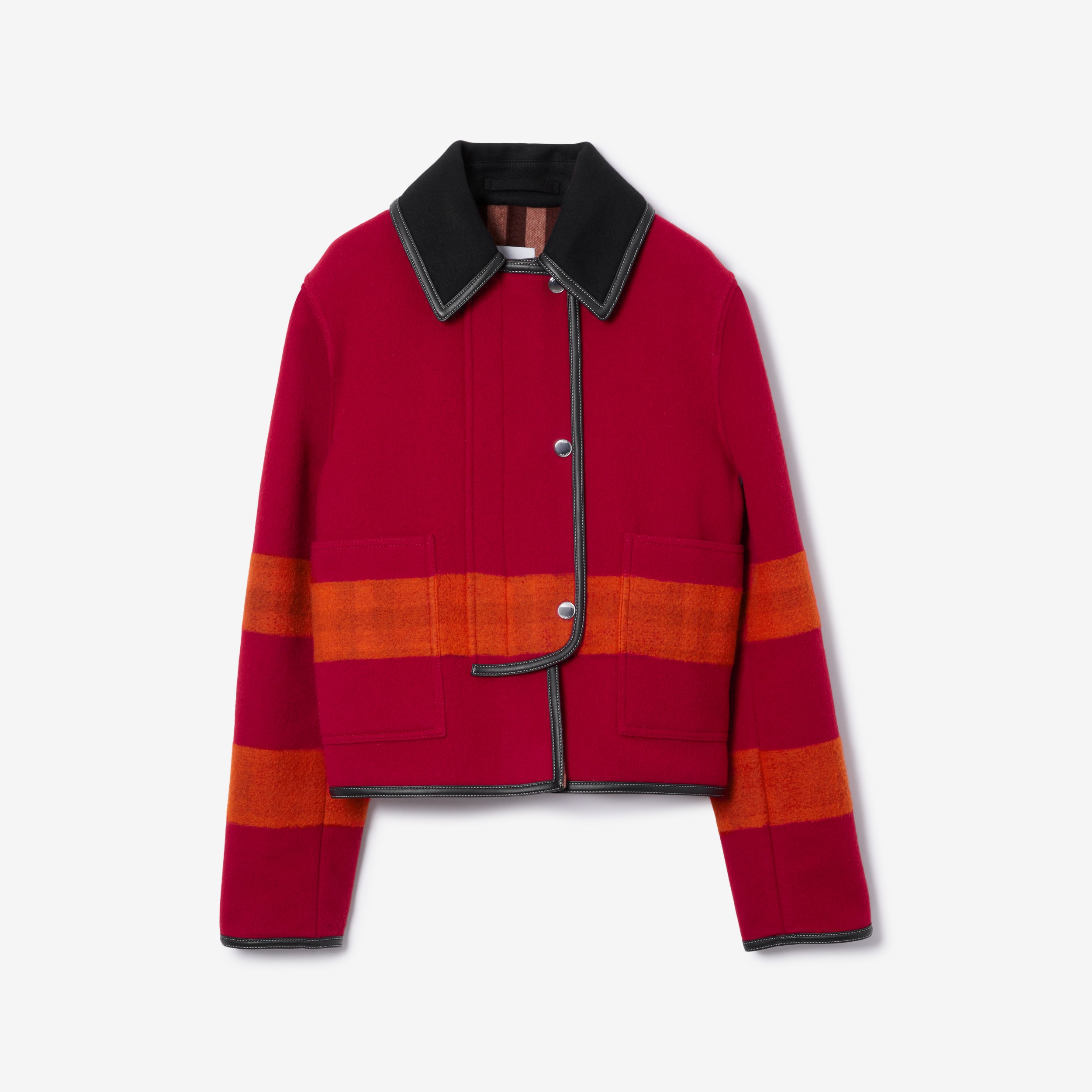 Leather Trim Striped Wool Jacket in Bright Red/dark Birch Brown - Women | Burberry® Official - 1