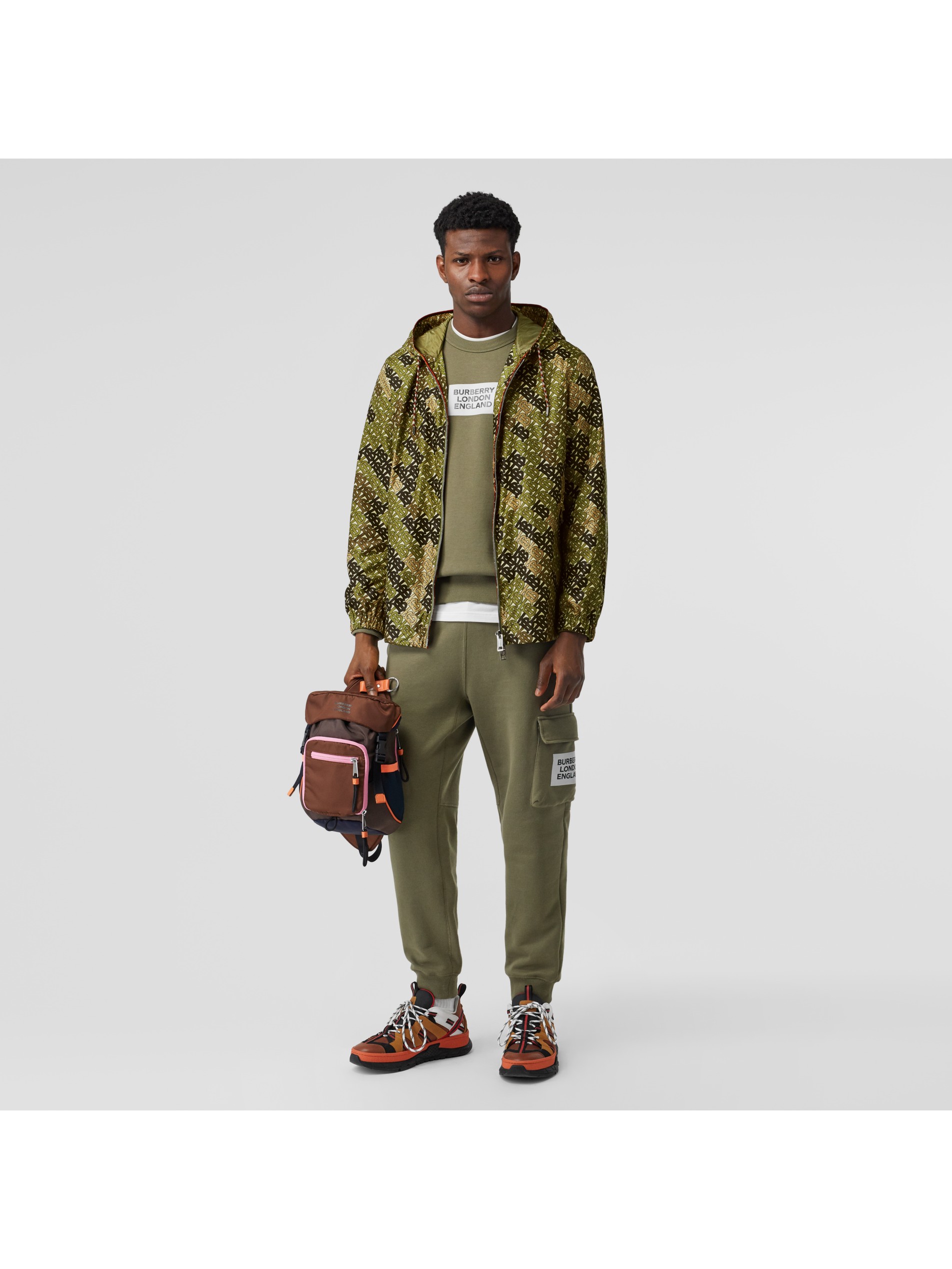 monogram print nylon hooded jacket in khaki green | burberry
