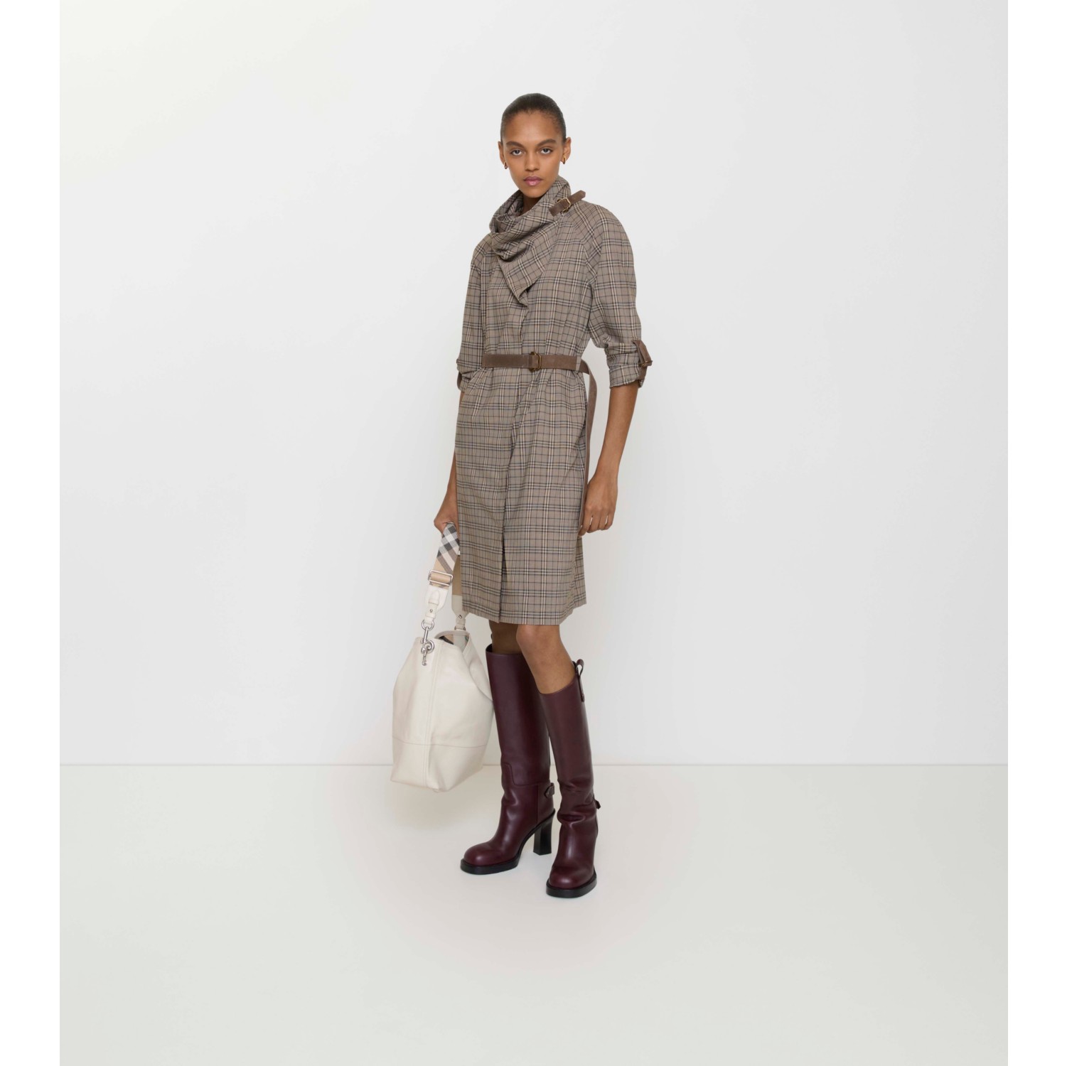 Scarf Collar Check Wool Dress