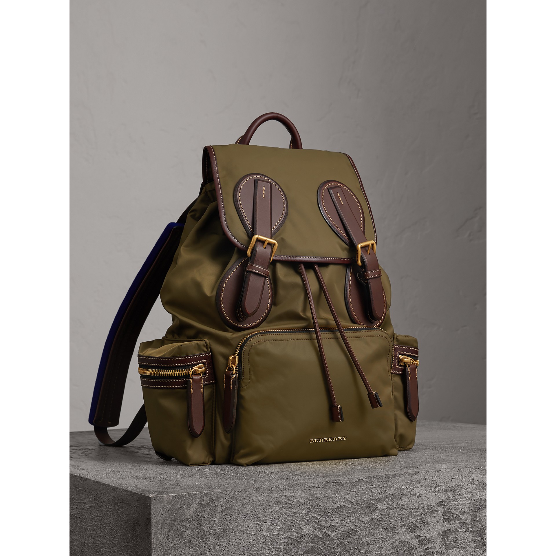 The Large Rucksack in Technical Nylon and Topstitched Leather in Dark Antique Green | Burberry Unit