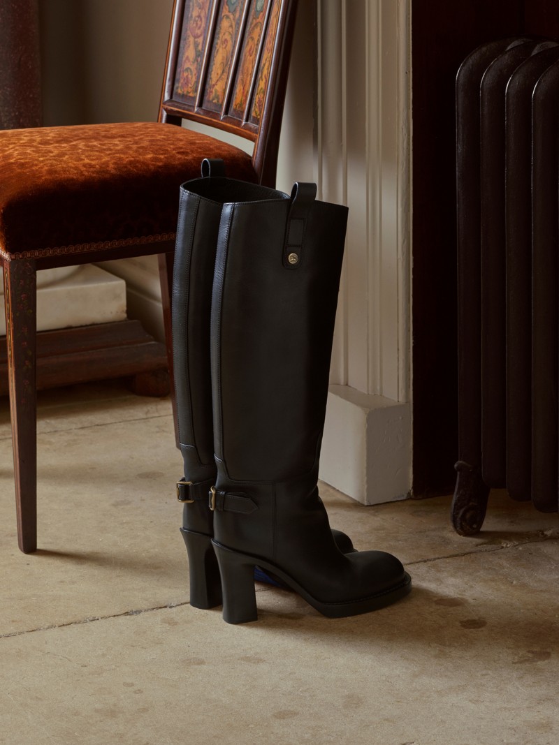 Product shot of the Burberry Leather Cavalier Heel Boots in colour Black, from the Winter Runway Collection
