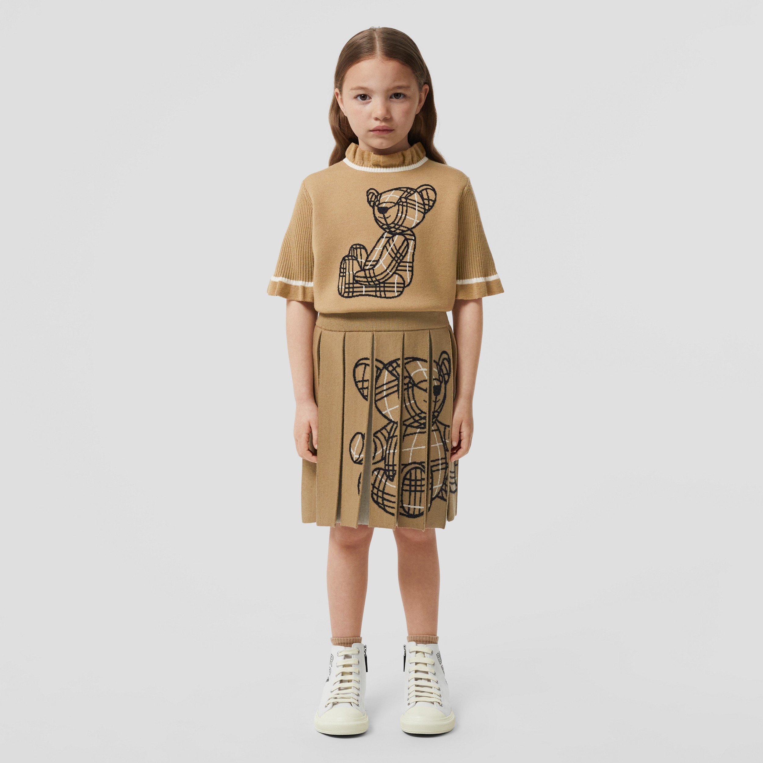 Thomas Bear Intarsia Wool Blend Pleated Skirt in Archive Beige | Burberry® Official - 3
