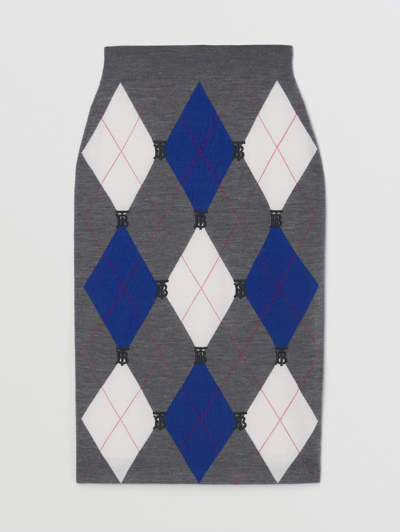 Monogram Motif Argyle Intarsia Wool Skirt in Mid Grey Melange
