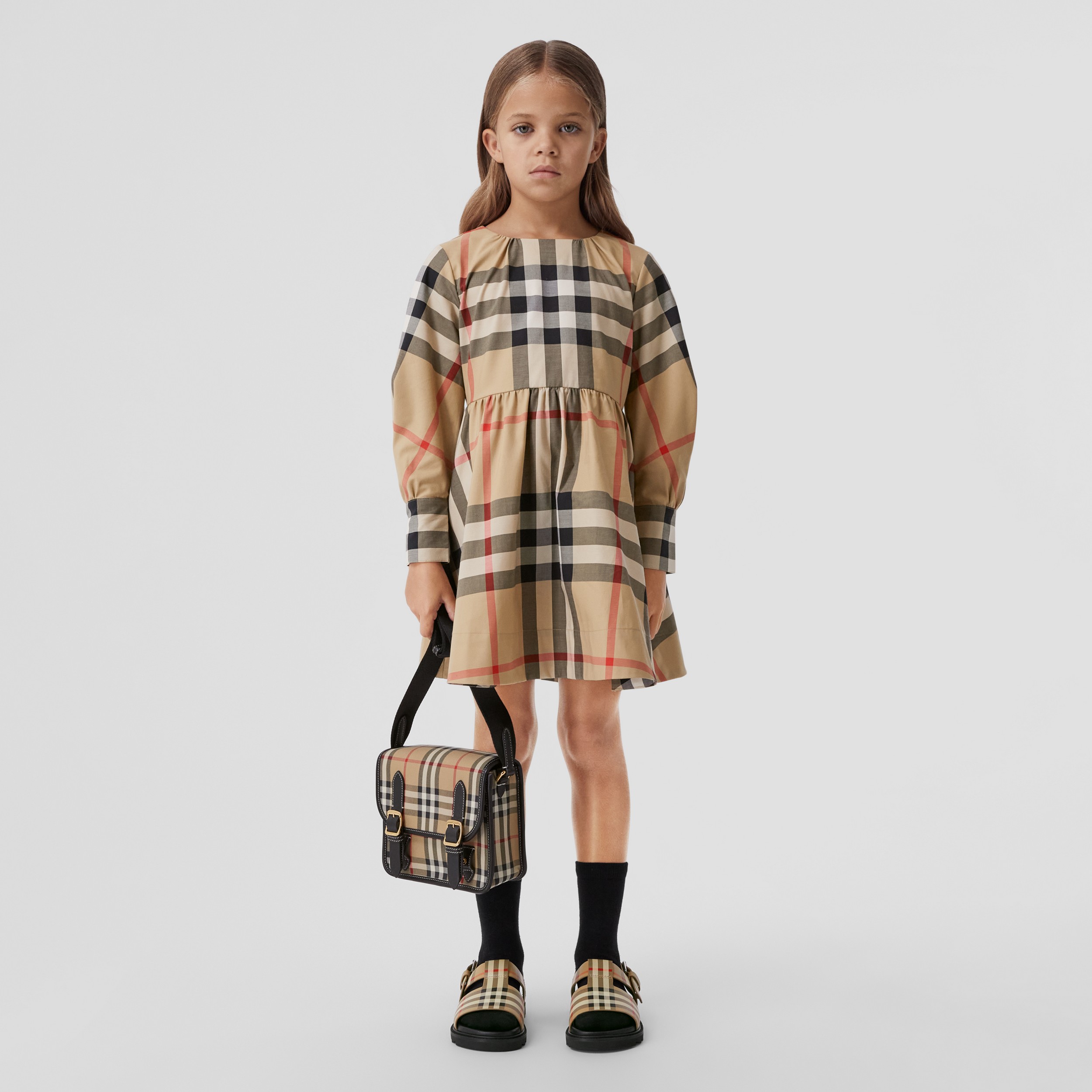 Long-sleeve Check Stretch Cotton Dress in Archive Beige | Burberry® Official - 3
