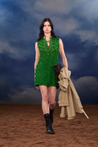 Burberry SS26 Show model Lily McMenamy a green Crochet knit dress and a Check perforated leather Tavistock Bag
