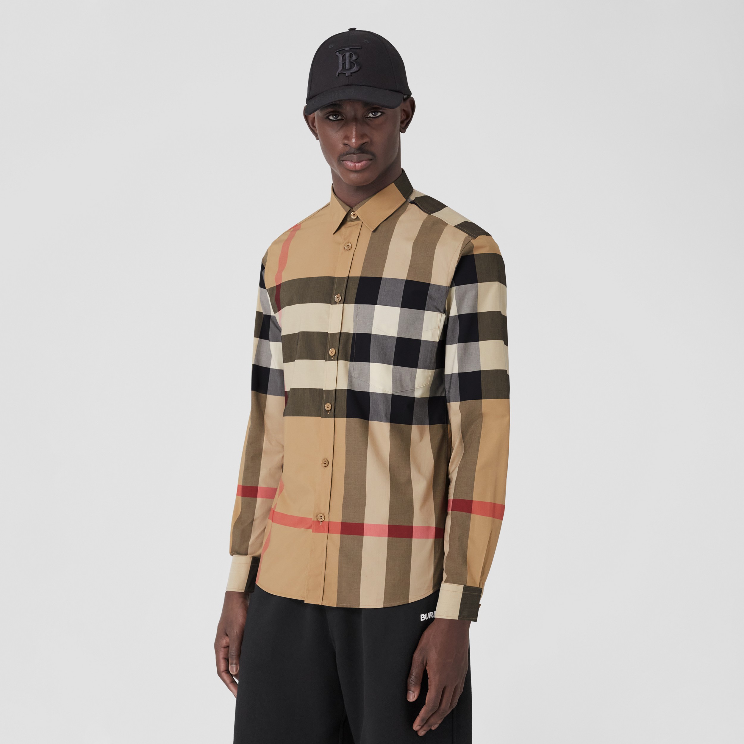 Camisa de popeline de algodão stretch xadrez (Bege Clássico) | Burberry® oficial - 1