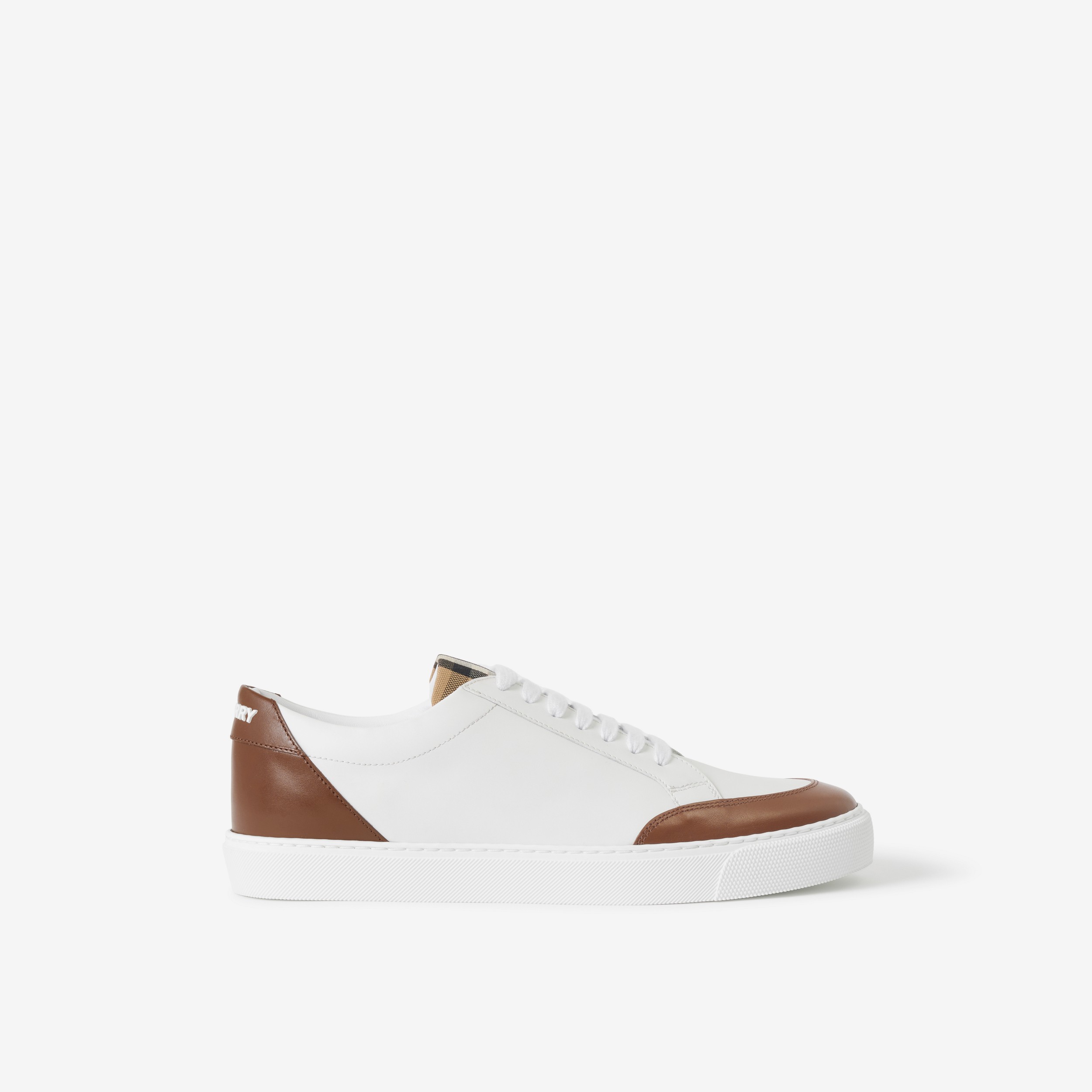 Leather and Check Cotton Sneakers in Optic White/malt Brown - Women | Burberry® Official - 1